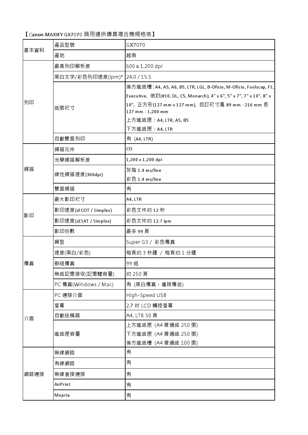Canon GX7070商用連供傳真