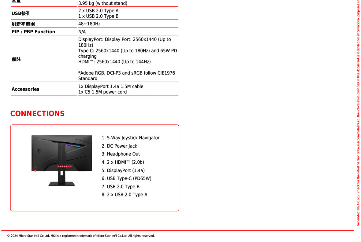 MSI MAG 274QRF QD E2 HDR電競螢幕 (27型/2K/180Hz/1ms/IPS/Type-C)
