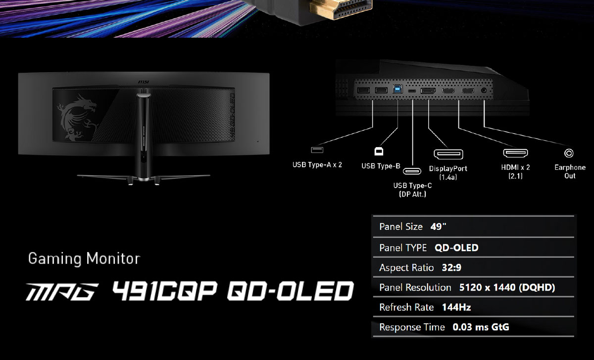 MSI MPG 491CQP QD-OLED HDR曲面電競螢幕 (49型/DQHD/144Hz/0.03ms/QD-OLED/Type-C)