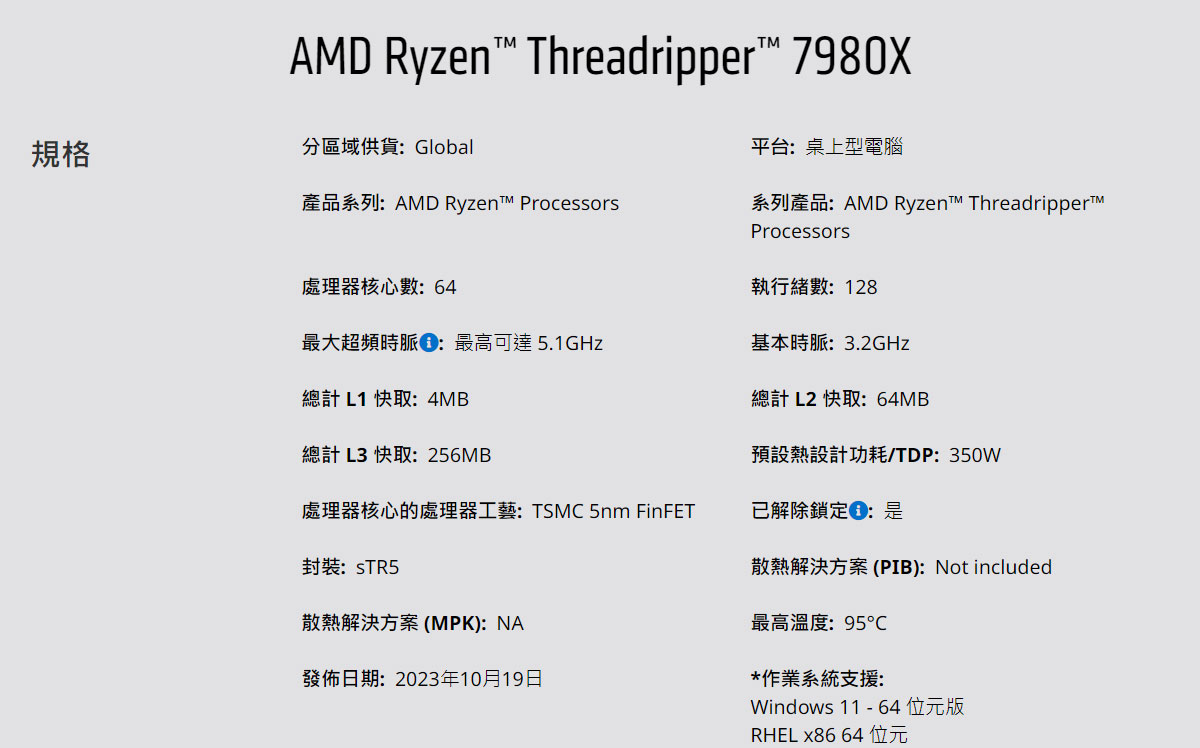 AMD Ryzen Threadripper 7980X 3.2GHz 64核心 中央處理器 ( 100-100001350WOF )