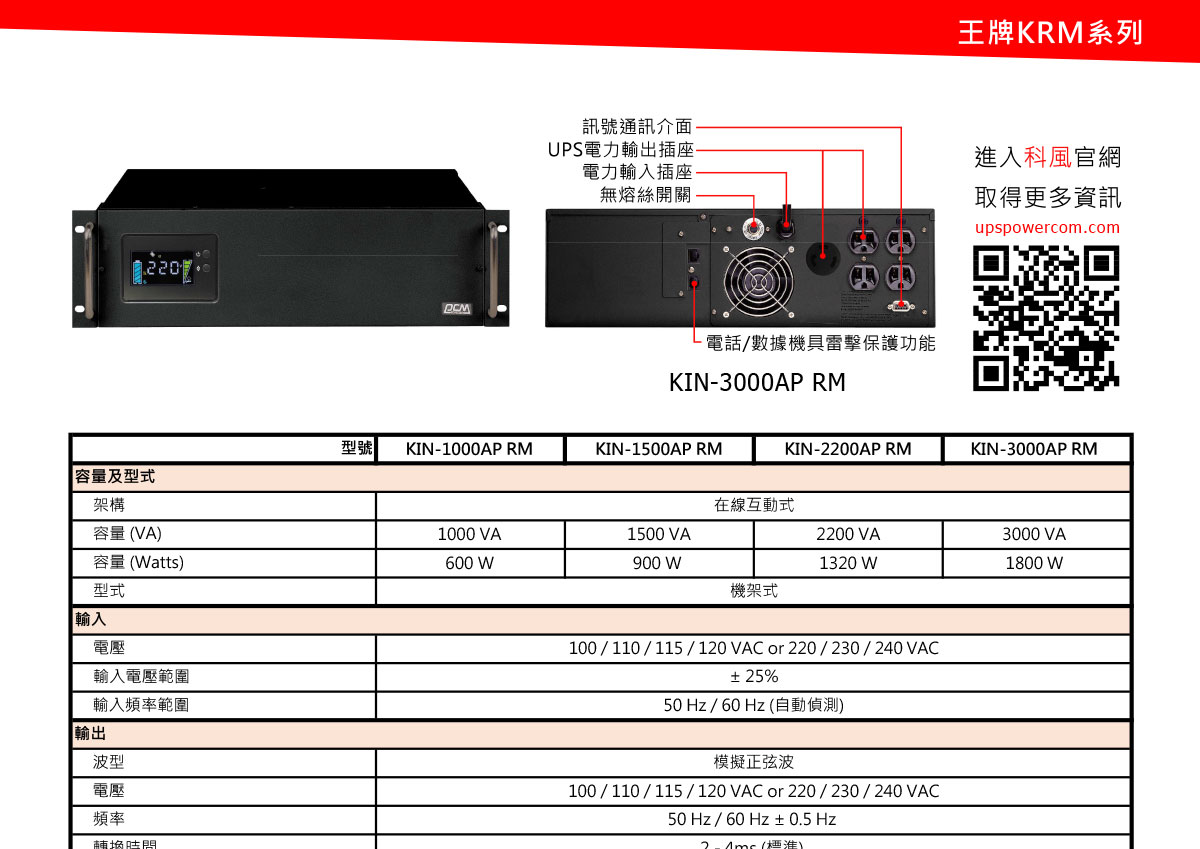 POWERCOM 科風KIN-3000APRM在線互動機架110 ( KIN-3000APRM(KRM-3000-4A0-001PN) )