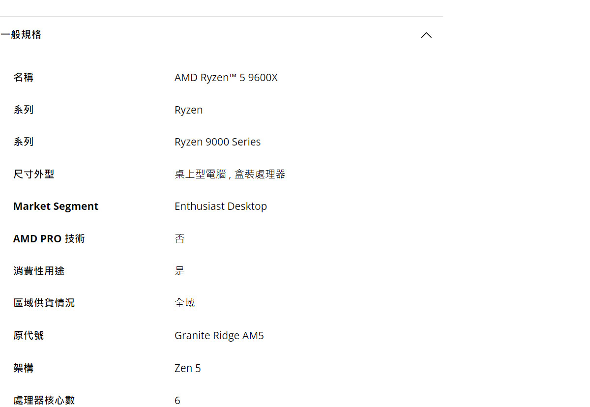 AMD Ryzen 5 9600X 3.9GHz 6核心 中央處理器 ( 100-100001405WOF )