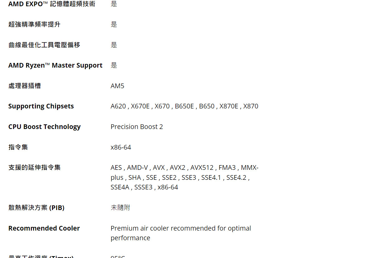 AMD Ryzen 7 9700X 3.8GHz 8核心 中央處理器 ( 100-100001404WOF )