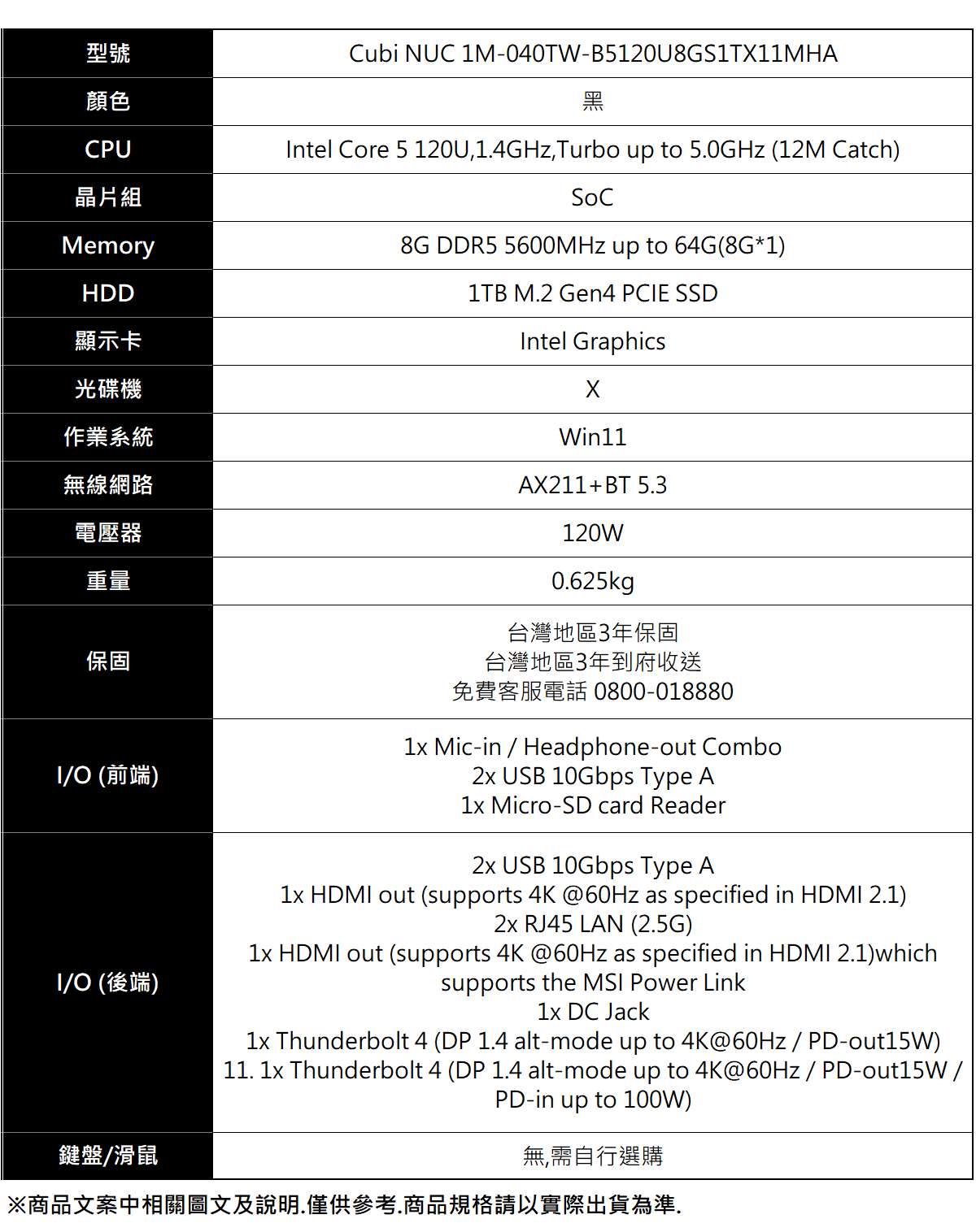 MSI Cubi NUC 1M-040TW (Core 5 120U/Win11)