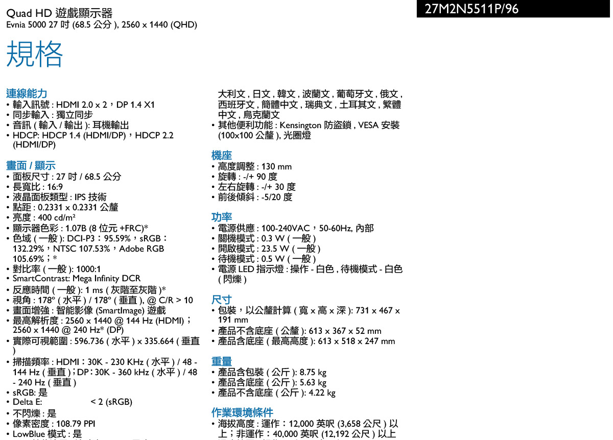PHILIPS 27M2N5511P遊戲顯示器
