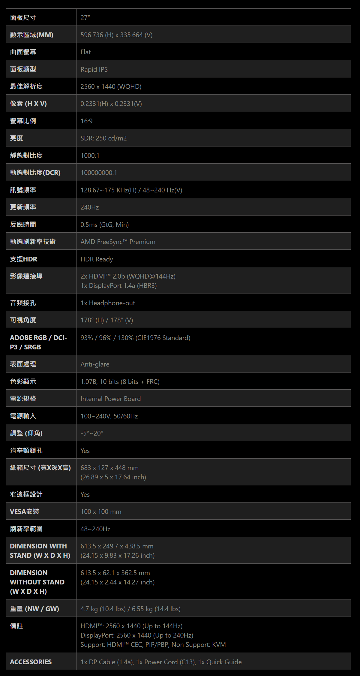 MSI MAG 274QF X24 平面電競螢幕 (27型/WQHD/HDR/240Hz/0.5ms/IPS)