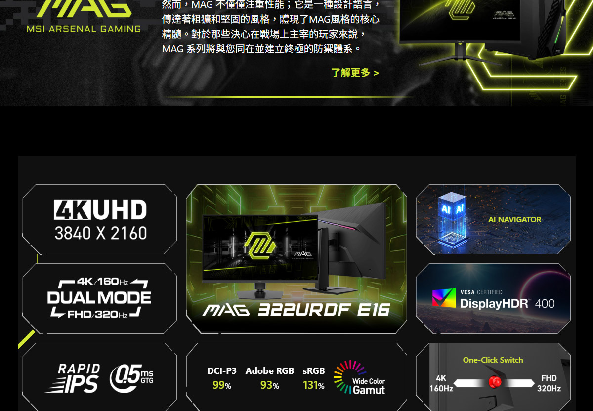 MSI MAG 322URDF E16 平面電競螢幕 (32型/4K/160Hz/0.5ms/IPS)