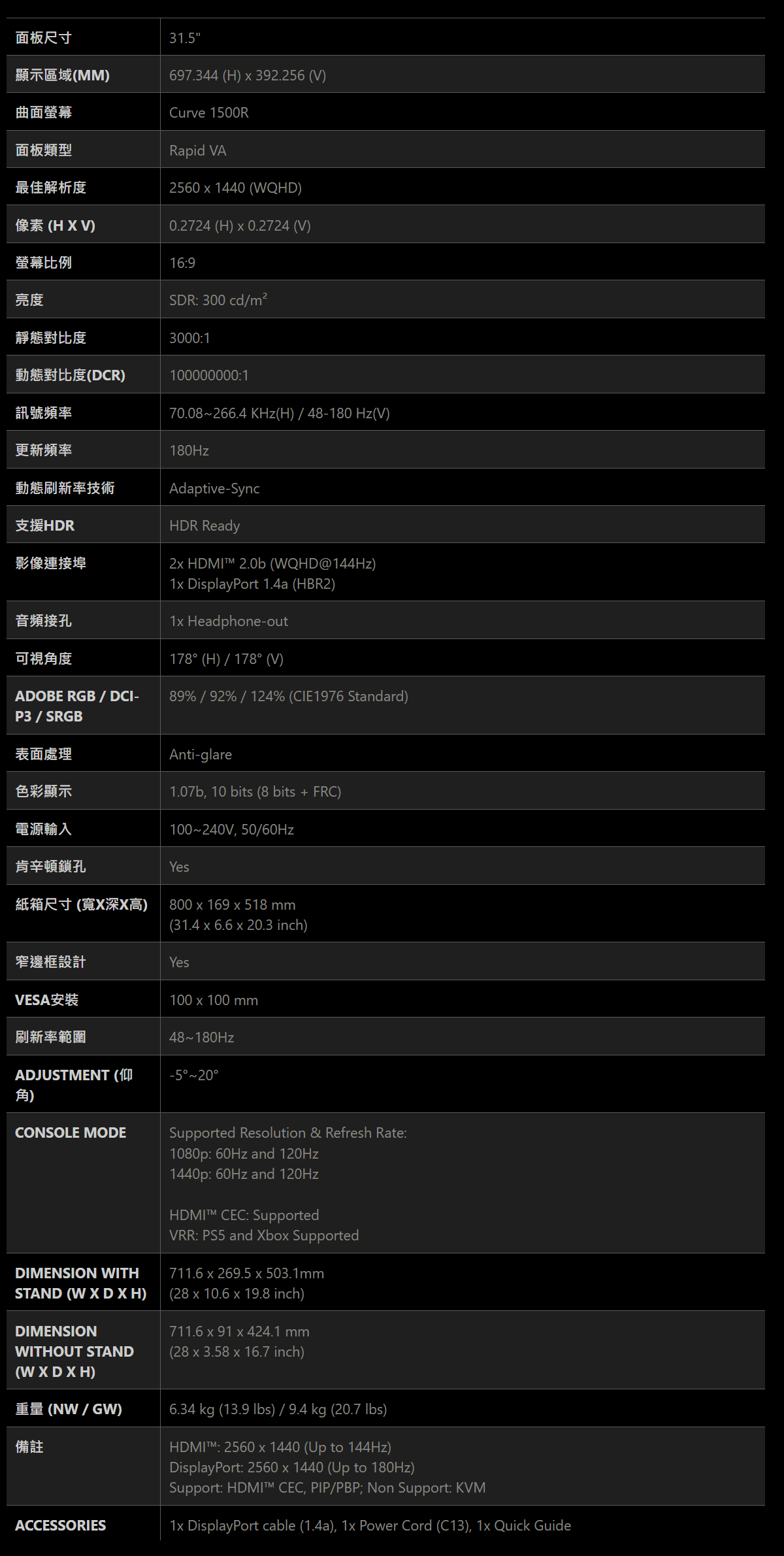 MSI MAG 321CQF E18 曲面電競螢幕 (32型/WQHD/HDR/180Hz/0.5ms/VA)