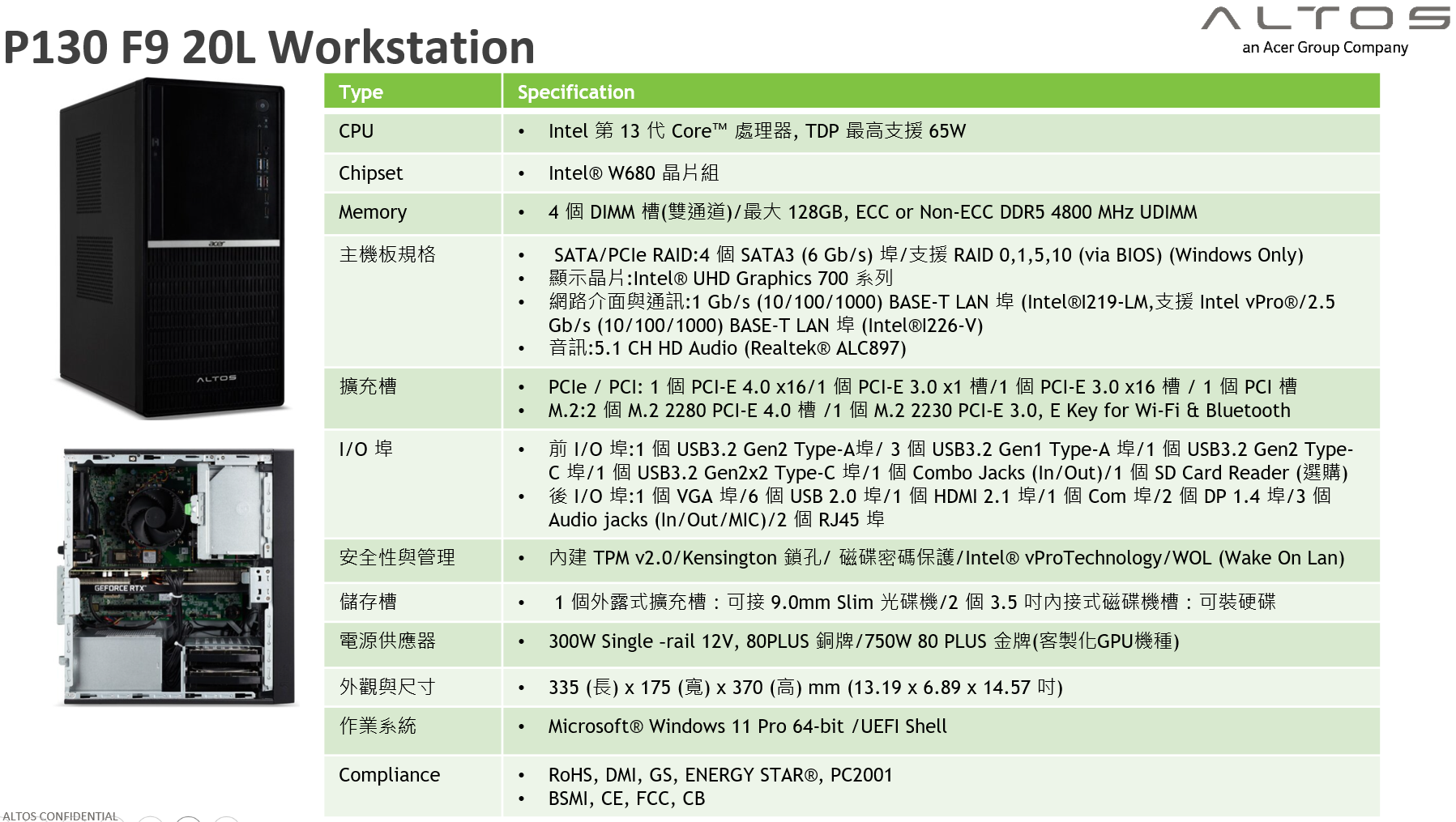 Altos P130 F9 (20L/i5 14th)工作站 ( US.RTFTL.00S )