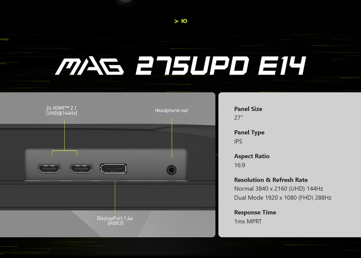 MSI MAG 275UPD E14 平面電競螢幕 (27型/4K/HDR/144Hz/1ms/IPS/HDMI)