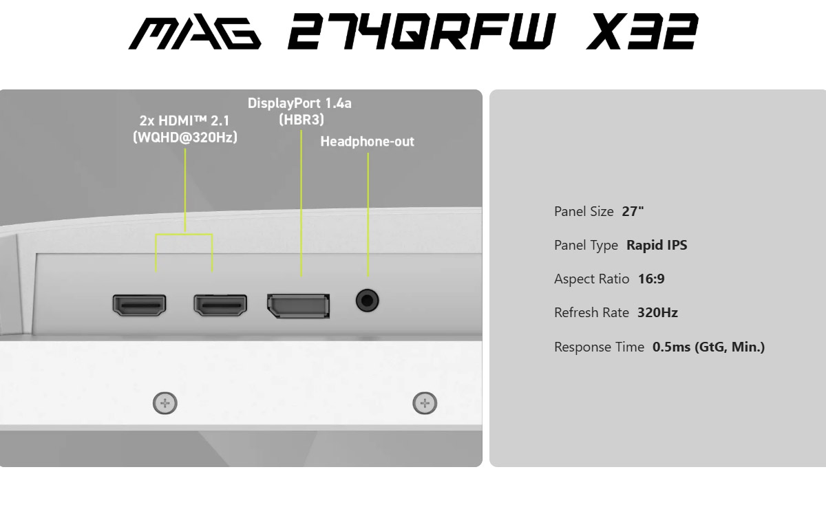 MSI MAG 274QRFW X32 平面電競螢幕 (27型/WQHD/HDR/320Hz/0.5ms/IPS)