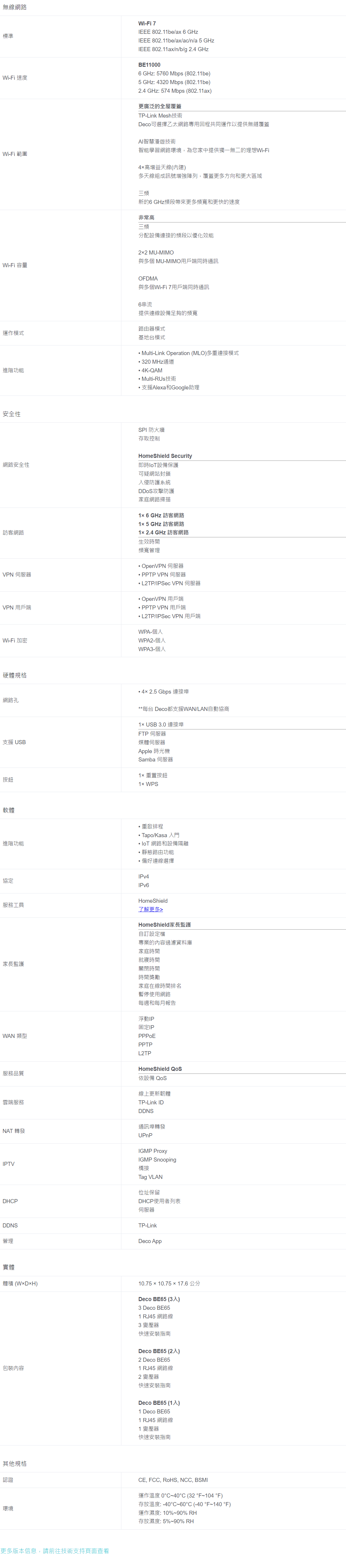 TP-LINK BE11000完整家庭Mesh WiFi 7系統(1入組) ( Deco BE65(1-pack)(US) Ver:3.0 )