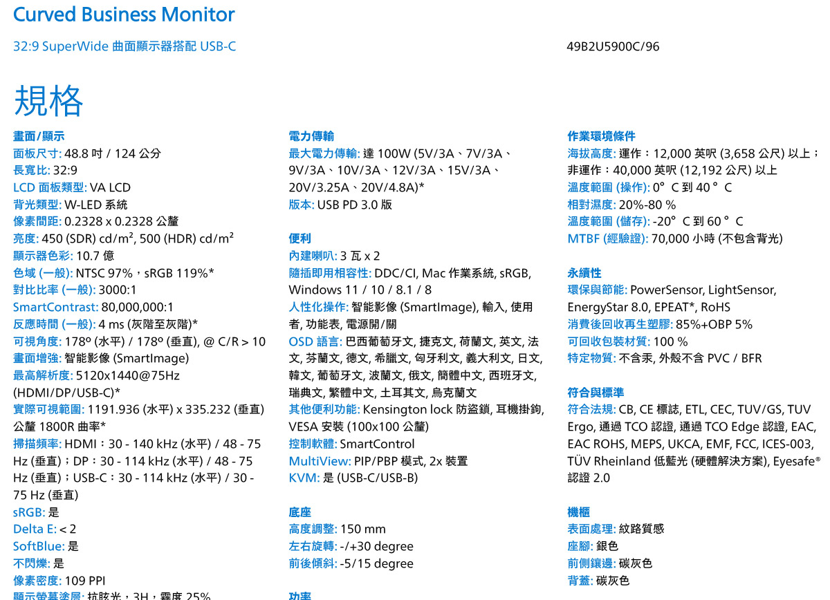 PHILIPS 49B2U5900C曲面顯示器